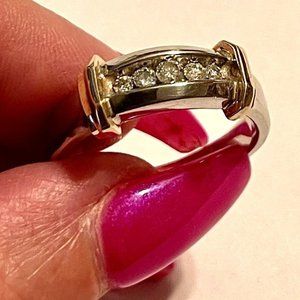 Mens or Ladies Band / Ring w Diamonds 10k Solid White Gold & Yellow Gold Accents